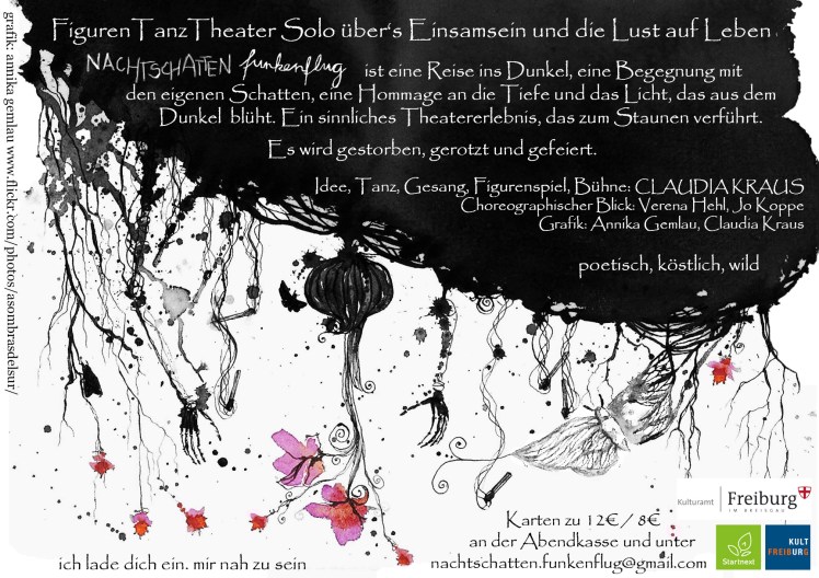 Flyer des TanzTheaterSolo Nachtschatten.funkenflug von Claudia Kraus. ©annikagemlau2015